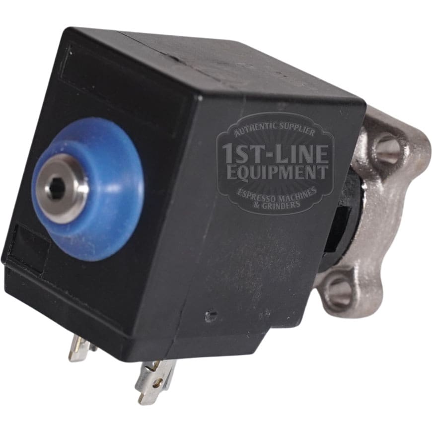 The ACS VES0087 Solenoid Valve is a black rectangular 2-way coil with a blue circular detail and metal connectors at the base. Faint '1st-Line Equipment' branding is visible. Designed for 120V 60Hz applications.