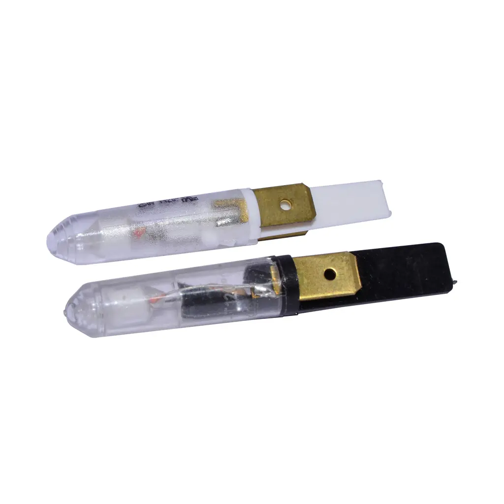 Two clear plastic fuse-like electrical components with visible internal parts, each featuring a metal connector and a flat, rectangular tip—one black, one white—set against a white background. © 2025 1st-line.com