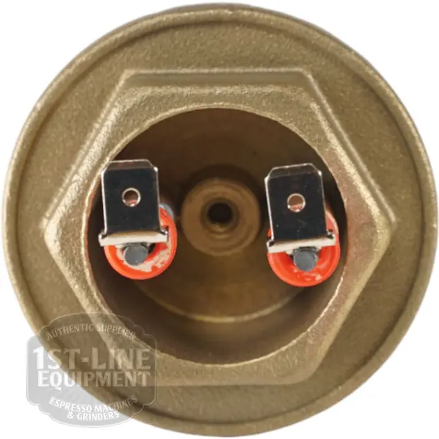 Close-up view of a brass espresso machine boiler heating element with two electrical terminals and red insulating washers, photographed from above. © 2025 1st-line.com