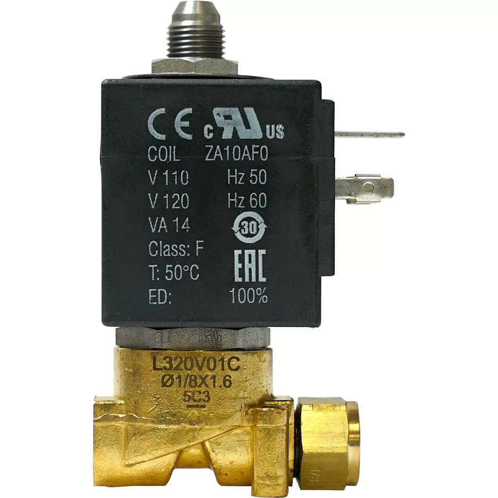 A close-up of a solenoid valve with a black rectangular coil marked with technical specifications and brass fittings at the bottom. Electrical terminals are visible on the side. © 2025 1st-line.com