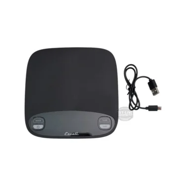 The Versi Digital Coffee Scale with Timer, featuring "MODE" and "TARE" buttons and a detachable USB charging cable, is shown on a white background—perfect for precise home brewing. 2025 1st-line.com