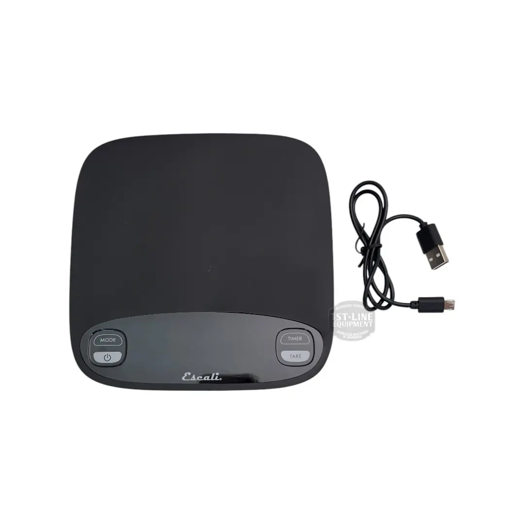 The Versi Digital Coffee Scale with Timer, featuring "MODE" and "TARE" buttons and a detachable USB charging cable, is shown on a white background—perfect for precise home brewing. 2025 1st-line.com