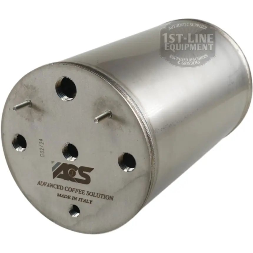 A cylindrical stainless steel boiler with four holes and three protruding rods on the bottom, labeled Advanced Coffee Solution, Made in Italy, used for espresso machines. © 2025 1st-line.com