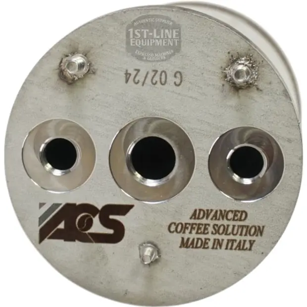 A metal coffee machine part with three circular openings, labeled with “ACS” and “Advanced Coffee Solution Made in Italy” text. Serial number and certification markings are also visible on the surface. © 2025 1st-line.com