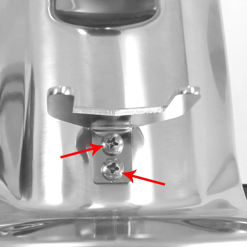 Close-up of a shiny metallic surface on the Q50 with two screws attached to a small bracket; two red arrows point towards the screws, indicating steps for removing the fork. 2025 1st-line.com