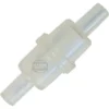 Clear plastic one-way check valve with cylindrical shape, barbed ends for tubing attachment, and a slightly wider central section for flow direction control. © 2025 1st-line.com
