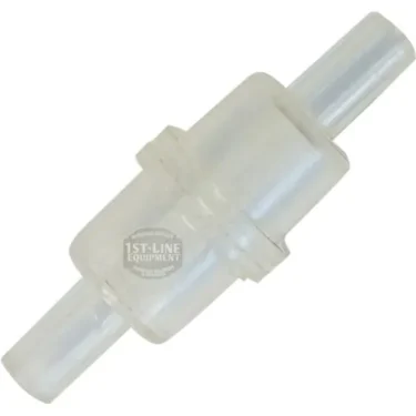 Clear plastic one-way check valve with cylindrical shape, barbed ends for tubing attachment, and a slightly wider central section for flow direction control. © 2025 1st-line.com