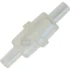 Clear plastic one-way check valve with cylindrical shape, barbed ends for tubing attachment, and a slightly wider central section for flow direction control. &copy; 2025 1st-line.com
