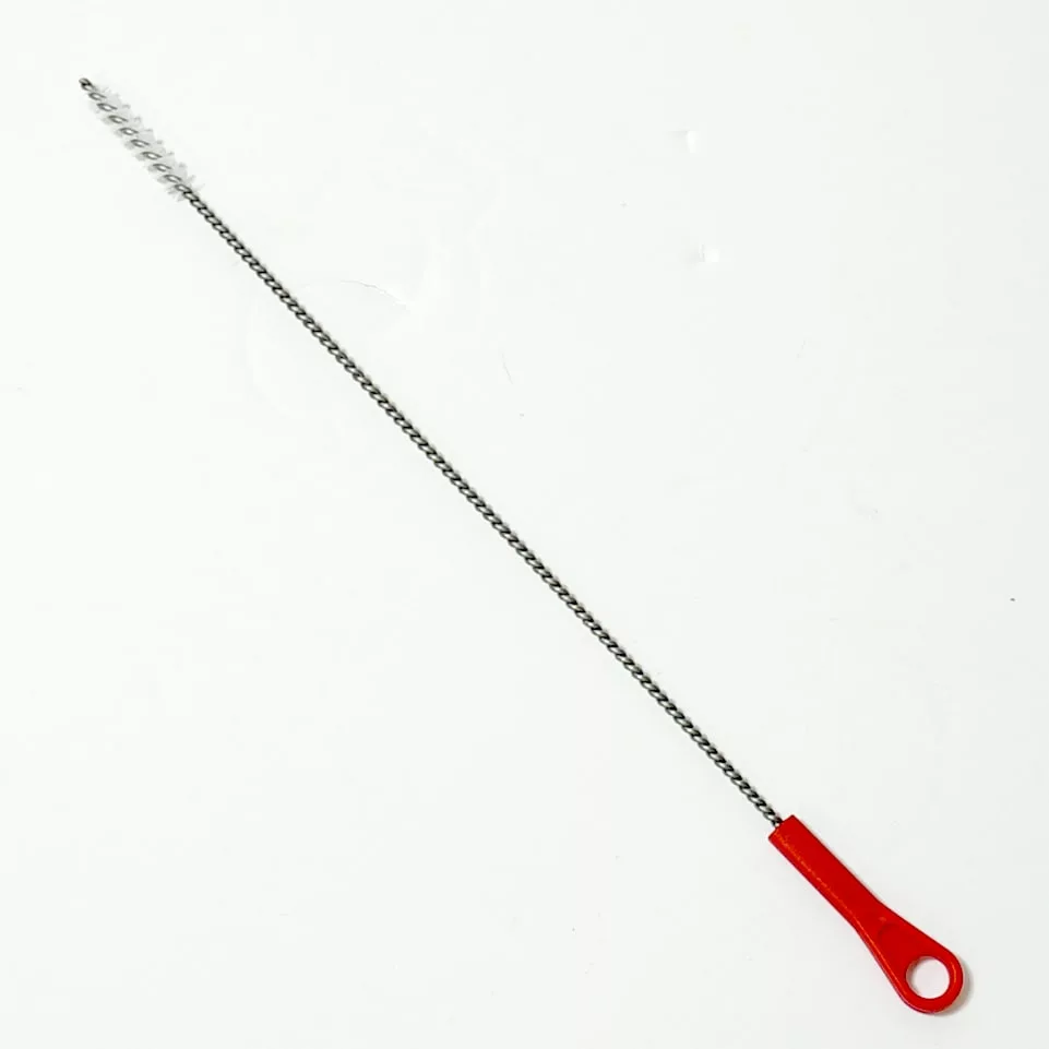 A thin bottle cleaning brush with a twisted metal handle, red plastic grip with a hole, and small white bristles at one end, photographed on a white background. © 2025 1st-line.com