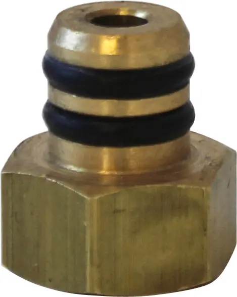 Close-up of a brass fitting with two black rubber O-rings around its upper section and a hexagonal base, designed for Strega switchable Tank to Direct Connect Conversion in plumbing or mechanical applications. 2025 1st-line.com