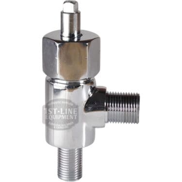 A shiny, metallic VBM RACCRUBDOMSUP Domobar Steam/Water Tap Body Complete with three threaded connectors stands vertically against a white background. The cylindrical main body features the 1st-Line Equipment logo and fits VBM Domobar systems.