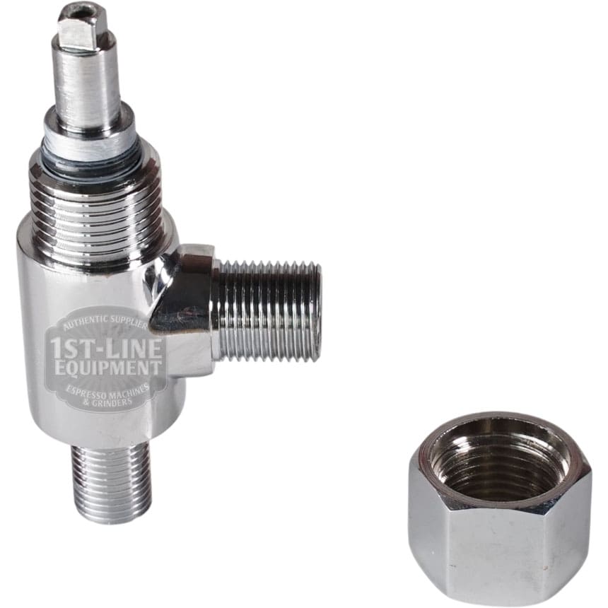 A shiny VBM RACCRUBDOMSUP Domobar Steam/Water Tap Body Complete with three threaded pipe connections, a separate hexagonal nut, and 1st-Line Equipment branding, shown on a white background. Fits VBM espresso machines.