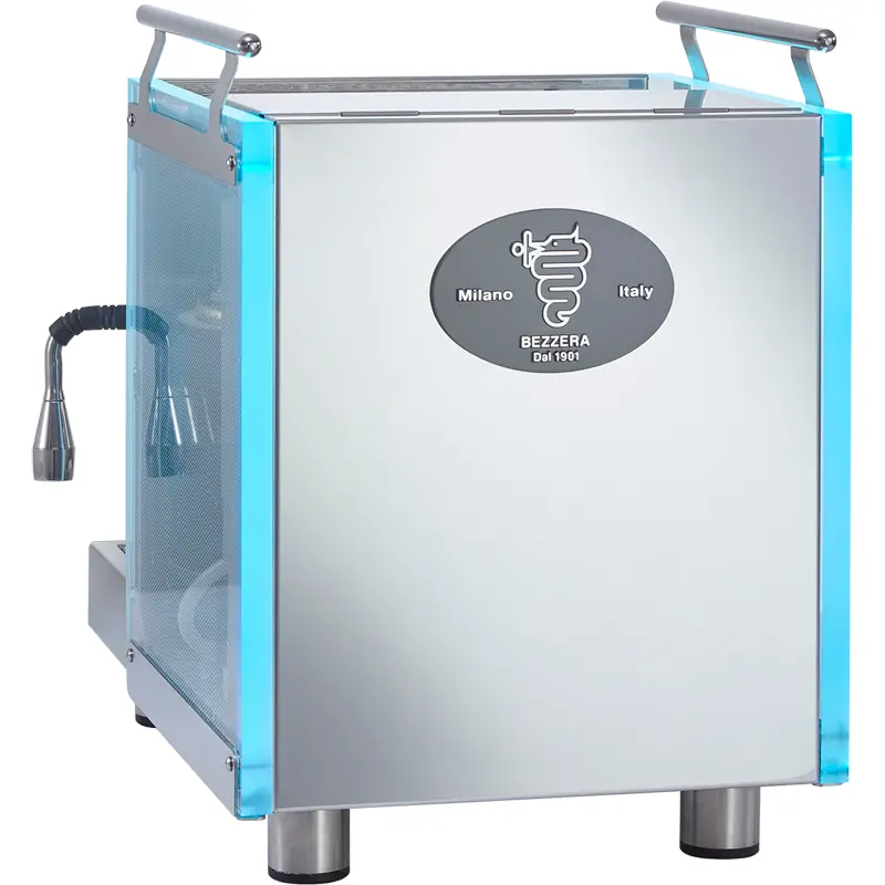 A stainless steel espresso machine with a blue-tinted side panel, a steam wand on the left, and an oval badge reading Milano Italy Bezzera Dal 1901 on the front.