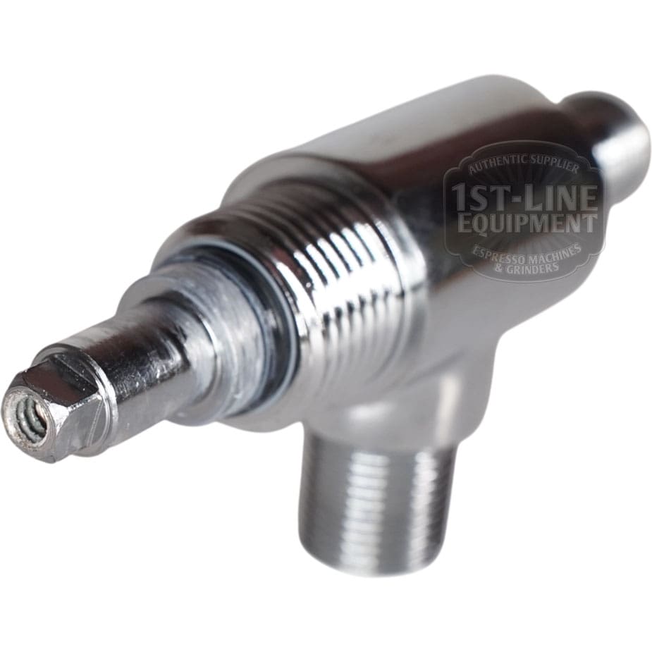 Close-up of a metallic VBM RACCRUBDOMSUP Domobar Steam/Water Tap Body Complete with threaded connectors and the 1st-Line Equipment logo partially visible on the right side.