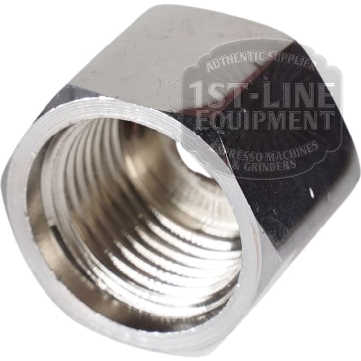 Close-up of a shiny metal hex nut with internal threading, angled on a white background. Compatible with VBM RACCRUBDOMSUP Domobar Steam/Water Tap Body Complete. 1st-Line Equipment watermark appears in the upper right corner.