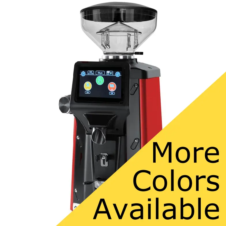 The Quamar A01Q 65 Espresso Coffee Grinder features a digital display and striking red side panels. A yellow banner in the corner states, “More Colors Available.”.