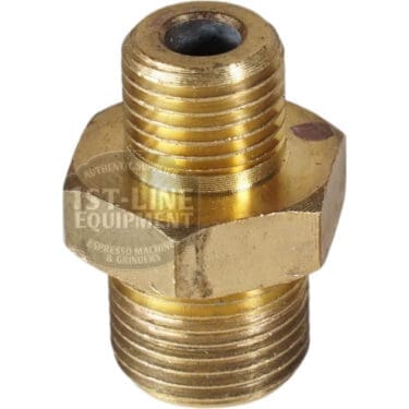 The VBM RACCP867 Fitting for Brass Wand Articulated Joint is a brass fitting with male threads on both ends and a hex center for tightening, displayed on a white background. The 1st-Line Equipment logo appears faintly on the joint.