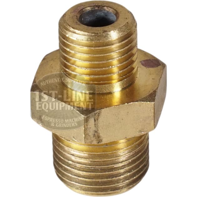 The VBM RACCP867 Fitting for Brass Wand Articulated Joint is a brass fitting with male threads on both ends and a hex center for tightening, displayed on a white background. The 1st-Line Equipment logo appears faintly on the joint.