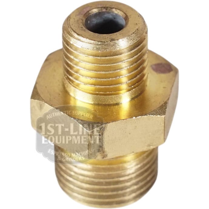 The VBM RACCP867 Fitting for Brass Wand Articulated Joint is a shiny, metallic adapter with male threads on both ends and a hexagonal center for wrench tightening. Visible threading and a small inner opening are featured.