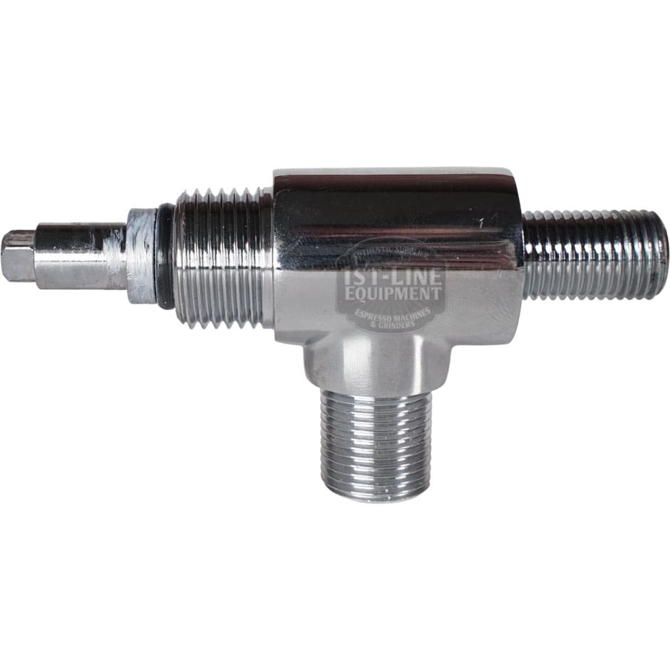 The VBM RACCRUBDOMSUP Domobar Steam/Water Tap Body Complete is a chrome-plated metal T-fitting with three threaded ends, designed for connecting pipes or hoses in the Domobar system.