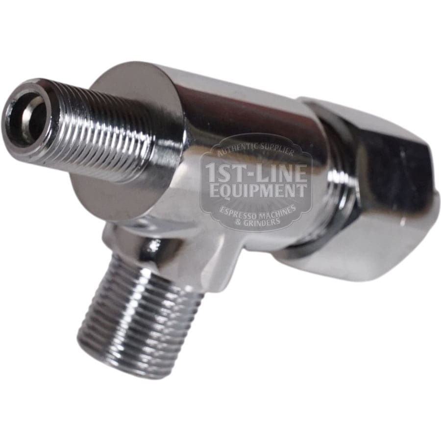 The VBM RACCRUBDOMSUP Domobar Steam/Water Tap Body Complete is a metal angled fitting with threaded ends, featuring a subtle 1st-Line Equipment logo, perfect as a connector or valve for steam or water taps in VBM Domobar espresso machines.