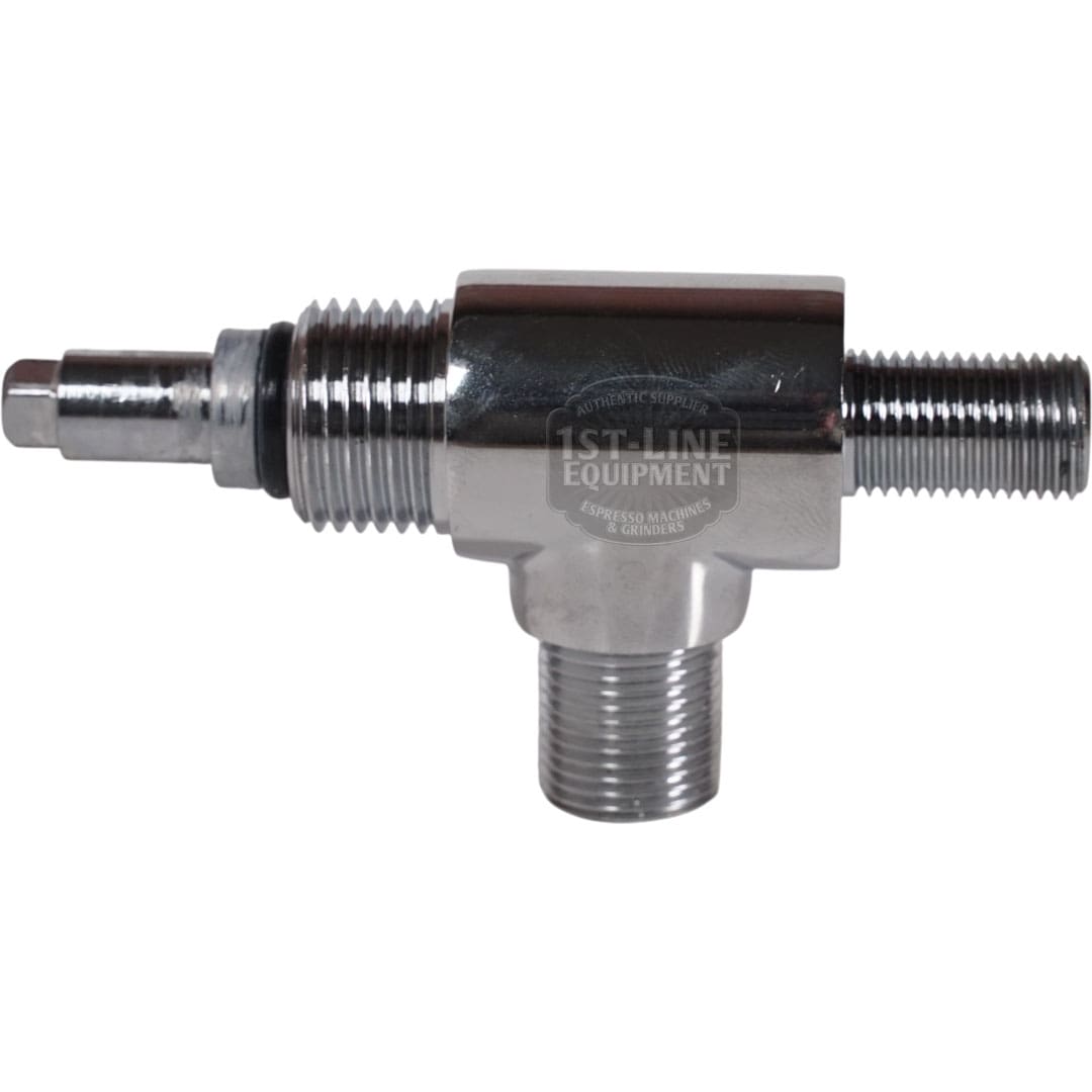 The VBM RACCRUBDOMSUP Domobar Steam/Water Tap Body Complete is a shiny, T-shaped metal replacement with three threaded ends for VBM Domobar espresso machine maintenance. The central section faintly displays "1st-Line Equipment.