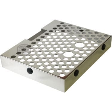 The Bellezza BE.003.007 Bellona Drip Tray Grid features a rectangular stainless steel design with multiple round drainage holes, smooth edges, shiny reflective finish, and side cutouts—ideal as a functional replacement grid.