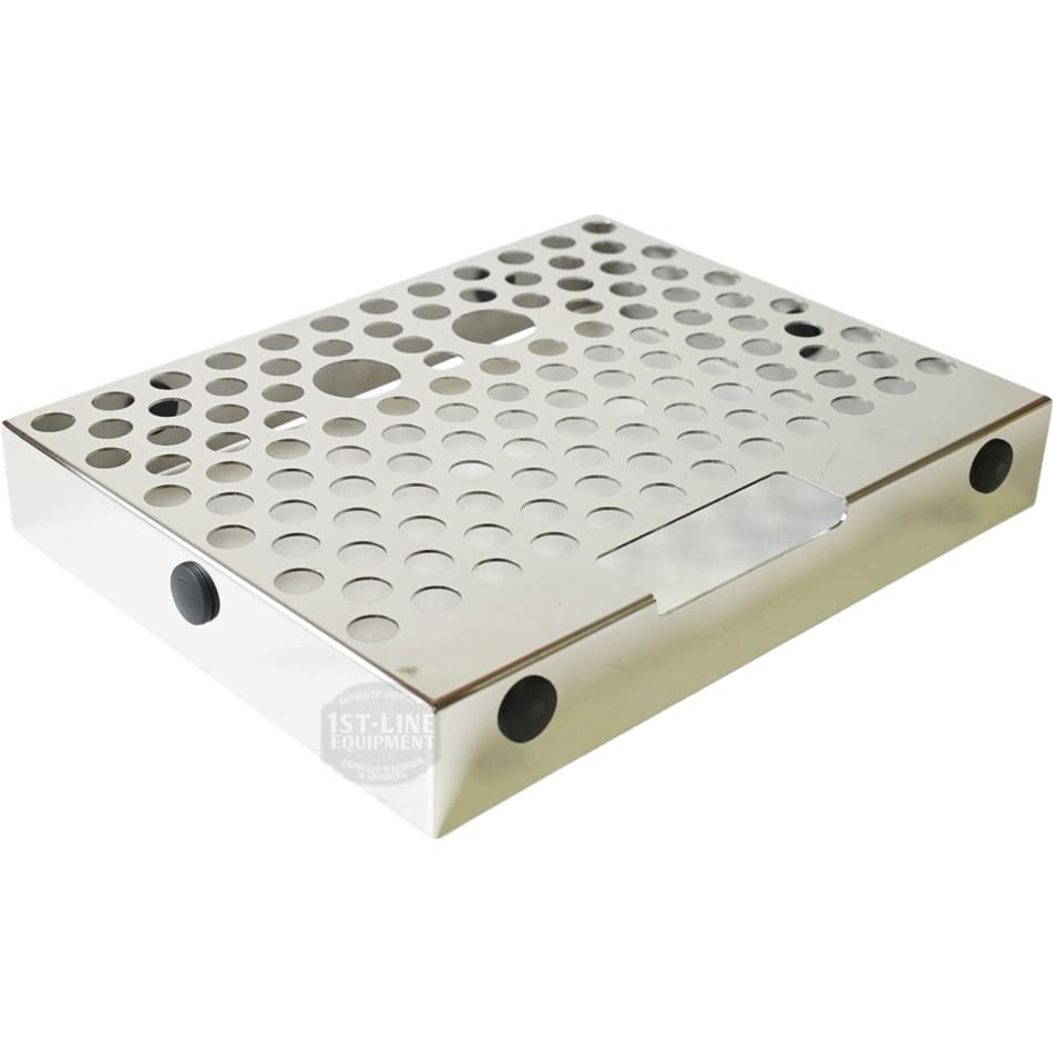 The Bellezza BE.003.007 Bellona Drip Tray Grid is a rectangular stainless steel tray with multiple round holes, black rubber feet on each corner, and a small rectangular cutout on one side.