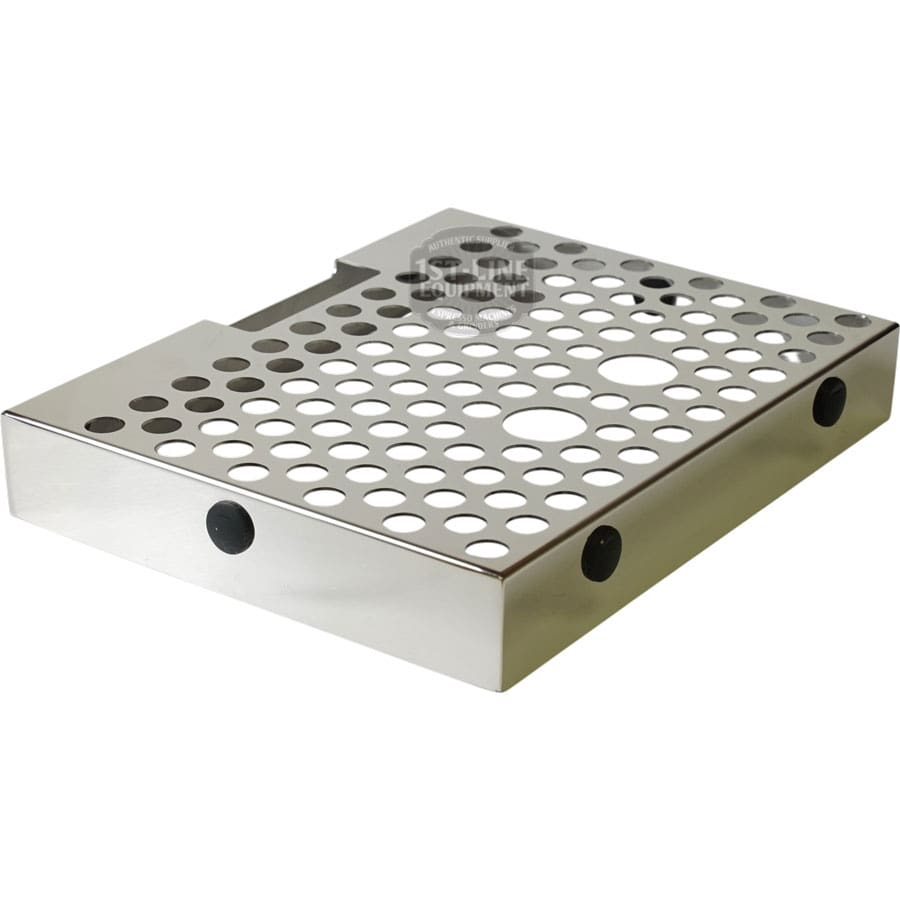 The Bellezza BE.003.007 Bellona Drip Tray Grid Stainless Steel is a rectangular tray with multiple circular holes and black rubber feet, designed for use with beverage dispensers and coffee machines.