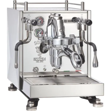 The Bezzera Sole PID HX Espresso Machine features pressure gauges, dual levers, steam wands, and the "Bezzera" logo on the front—perfect for professional coffee crafting.