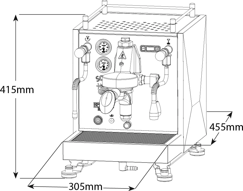 Line drawing of the Bezzera Sole PID HX Espresso Machine with labeled dimensions: 415mm tall, 305mm wide, and 455mm deep. The front panel displays gauges, knobs, and a portafilter.