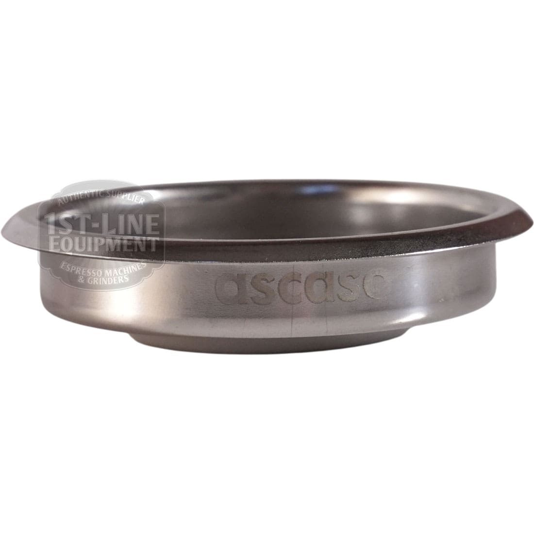 A close-up of the Ascaso I..555 Professional POD Filter Basket, made of stainless steel with "ascaso" engraved on its side, placed on a white background.