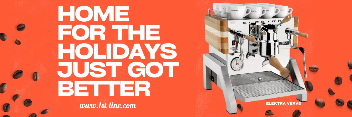 An espresso machine with cups on top is shown on a bright orange background with scattered coffee beans. Large white text reads, Home for the holidays just got better with exclusive sales. Website: www.lvl-line.com.