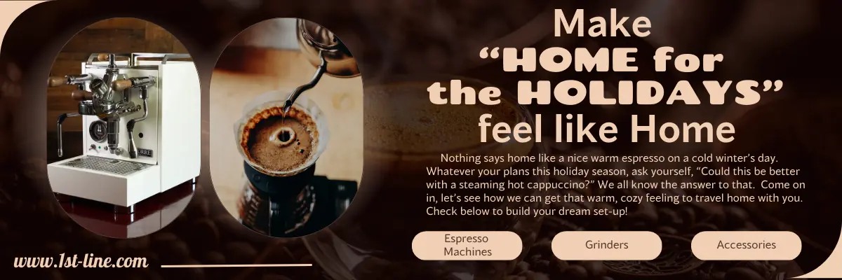 Banner with a coffee machine, a cup of cappuccino, coffee beans, and text promoting making the holidays feel like home with espresso. Discover holiday deals—shop Espresso Machines, Grinders, and Accessories with special sales below.