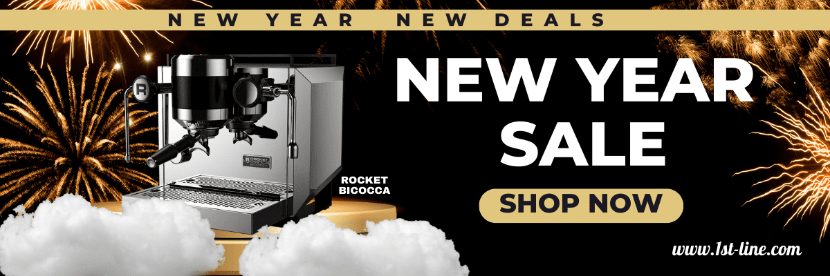 Banner with fireworks and clouds, featuring a Premium Rocket Bicocca espresso machine and top Espresso Grinders. Text reads NEW YEAR NEW DEALS, NEW YEAR SALE, SHOP NOW, and the website www.1st-line.com.