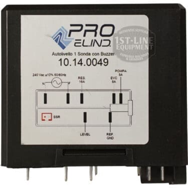 Black rectangular VBM ELETREGLIVDSJ Domobar Junior 220V Brain Unit with label 10.14.0049, technical specs, wiring diagram, and multiple bottom metal pins for connectivity; fits Domobar Junior as an electronic control module.