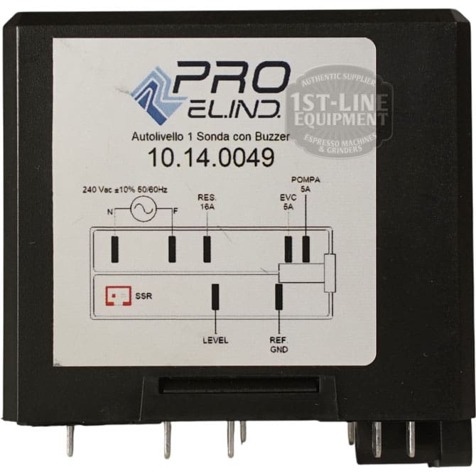 Black rectangular VBM ELETREGLIVDSJ Domobar Junior 220V Brain Unit with label 10.14.0049, technical specs, wiring diagram, and multiple bottom metal pins for connectivity; fits Domobar Junior as an electronic control module.