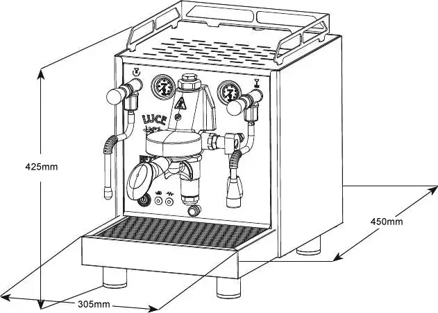 Line drawing of the Bezzera Luce HX Espresso Machine with labeled dimensions: 425mm height, 450mm depth, and 305mm width. Shown with buttons, levers, a portafilter, and two steam wands.