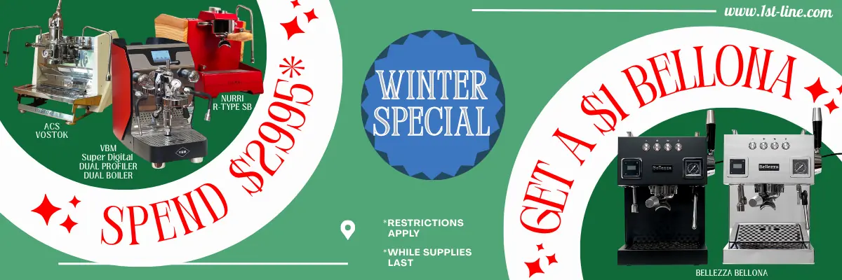 Promotional banner showcasing espresso machines and the text: Spend $2995* WINTER SPECIAL – Get a S$ Bellona. Enjoy unbeatable deals on top models like ACS Vostok, Nuova PB Type SB, and Bellezza Bellona. Restrictions apply. While supplies last.