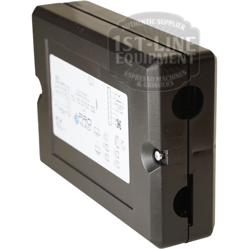 Rectangular black VBM ELETDOSDOSUJUDIGITa Brain Unit 110V V2 with a white label displaying codes and symbols, two circular holes on the side, and a 1st-Line Equipment watermark. Perfect as a Brain Unit for 110V systems.