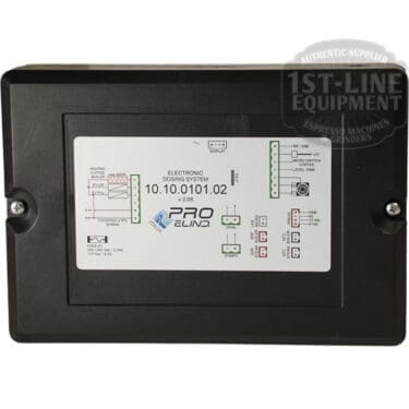 Rectangular black VBM ELETDOSDOSUJUDIGITa Brain Unit 110V V2 with wiring diagrams, indicator lights, and a 1st-Line Equipment watermark. Labeled Electronic Dosing System 10.10.0101.02 PRO ELIND; compatible with VBM machines and 110V systems.