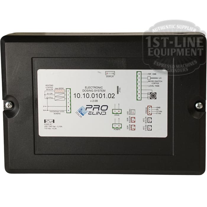 Rectangular black VBM ELETDOSDOSUJUDIGITa Brain Unit 110V V2 with wiring diagrams, indicator lights, and a 1st-Line Equipment watermark. Labeled Electronic Dosing System 10.10.0101.02 PRO ELIND; compatible with VBM machines and 110V systems.