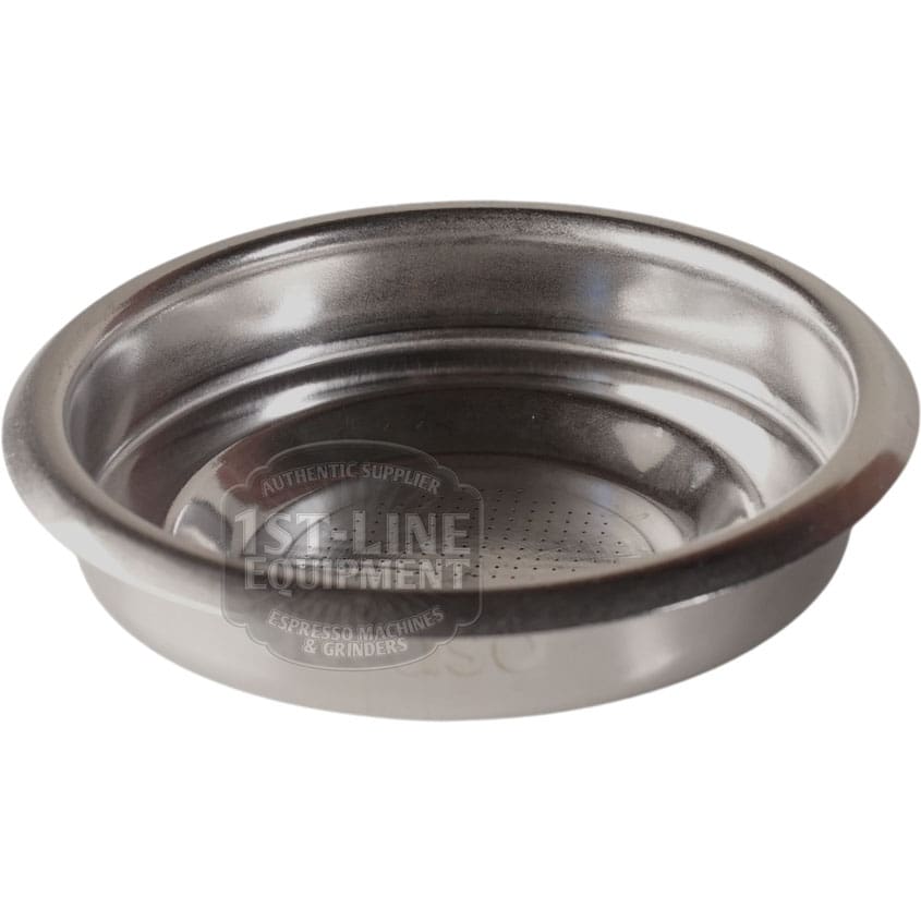 The Ascaso I..555 Professional POD Filter Basket is a stainless steel portafilter basket with small holes, designed to hold coffee grounds in an espresso machine.