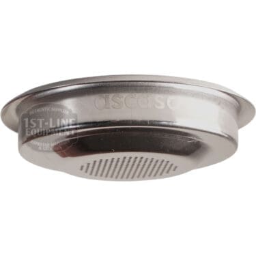 The Ascaso I..555 Professional POD Filter Basket made of stainless steel is shown at an angle, highlighting its perforated bottom and the embossed branding on its side.