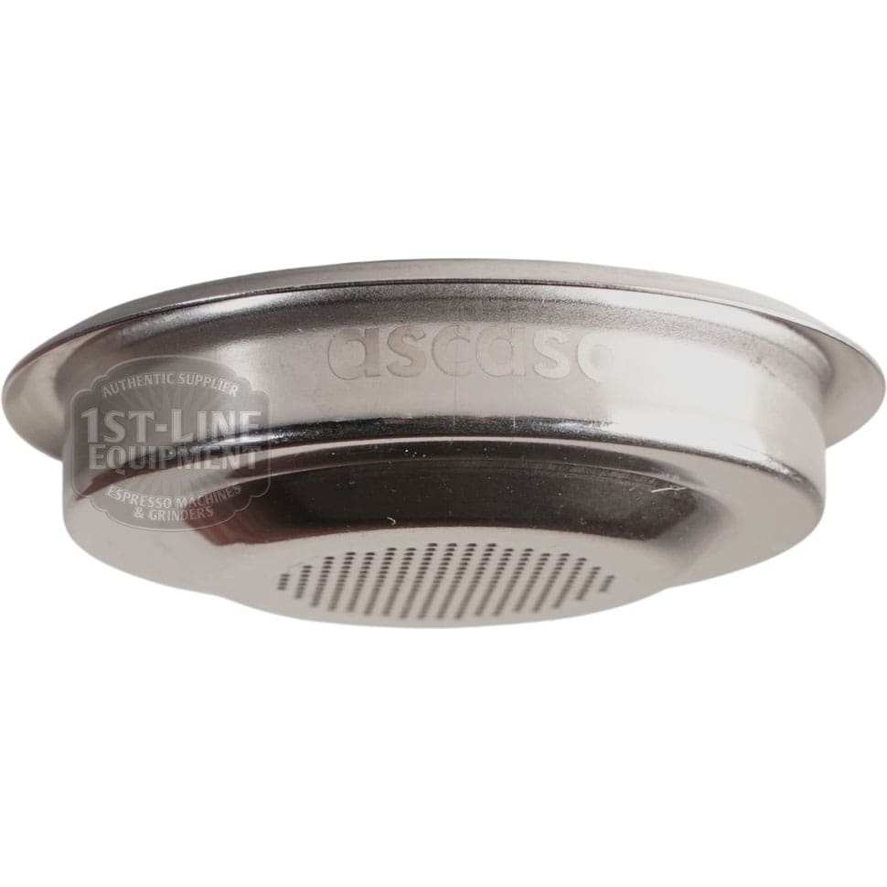 The Ascaso I..555 Professional POD Filter Basket made of stainless steel is shown at an angle, highlighting its perforated bottom and the embossed branding on its side.