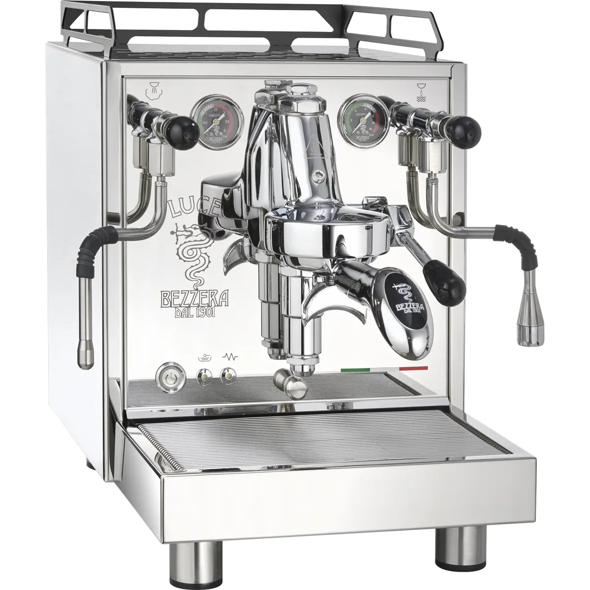 The Bezzera Luce HX Espresso Machine is a shiny stainless steel unit featuring multiple gauges, levers, steamer wands, a portafilter, and a drip tray accented with an Italian flag detail.