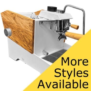 The Nurri R-Type DB Dual Boiler Espresso Machine, featuring wooden side panels and metal accents, is displayed on a white background. A yellow overlay in the corner states: More Styles Available.