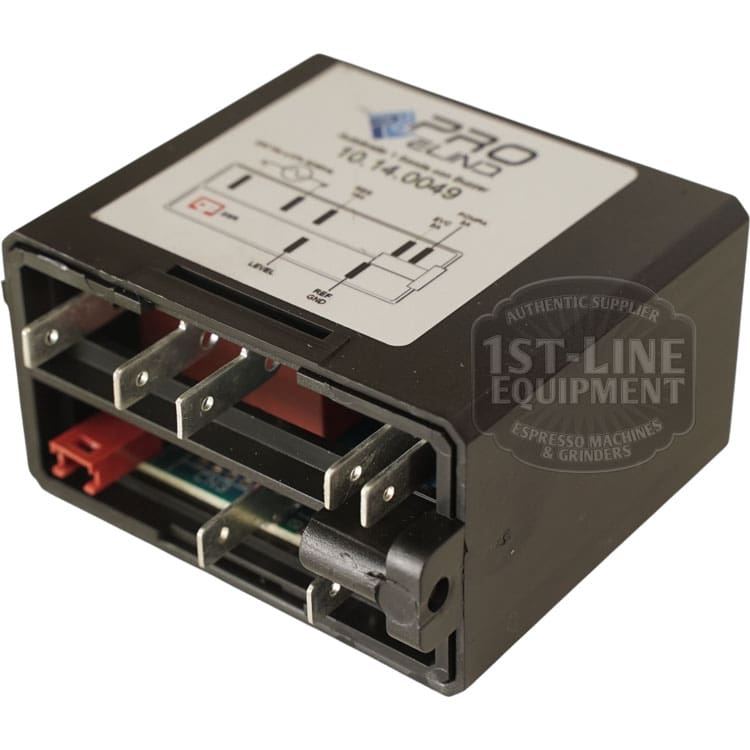 The VBM ELETREGLIVDSJ Domobar Junior 220V Brain Unit is a black electronic control box with labeled terminals, a white wiring diagram label on top, visible internal components, and a 1st Line Equipment watermark on the side.
