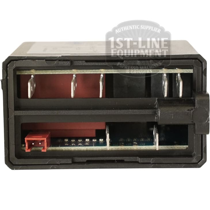 The VBM ELETREGLIVDSJ Domobar Junior 220V Brain Unit is a rectangular electronic control box with exposed metal and red connectors. The faint "1st-Line Equipment" branding appears on top. Also called Brain Unit VBM ELETREGLIVDSJ.