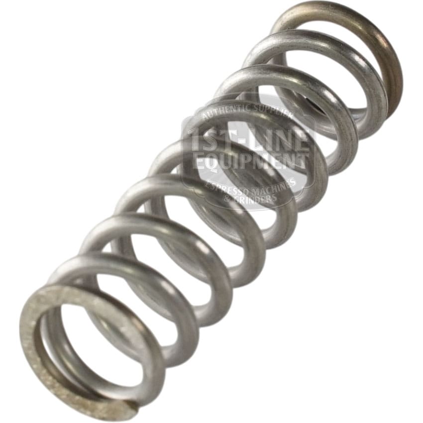 A close-up of a tightly coiled metal spring, like the Lelit 1000185-S Spring for E61 Grouphead Internal Pressure Profile Kit, with evenly spaced loops set against a white background.